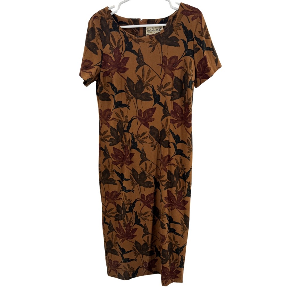 Vintage leaf print Brown Midi Dress 8 office neutral fall casual